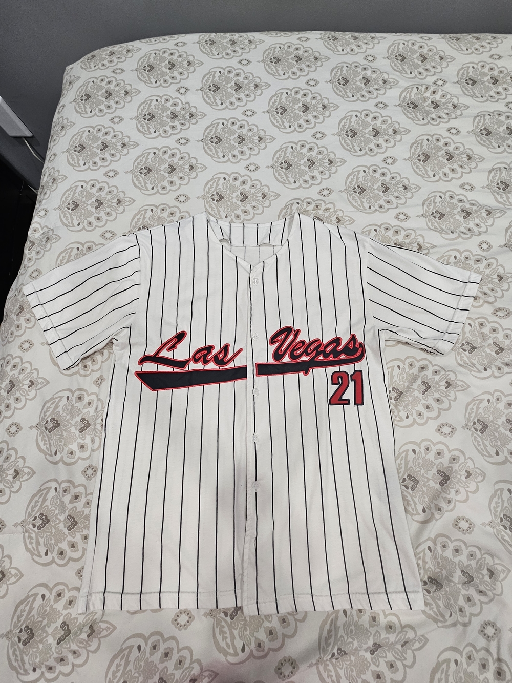 Classic White Pinstripe Las Vegas Kids Baseball Jersey with Red Accents